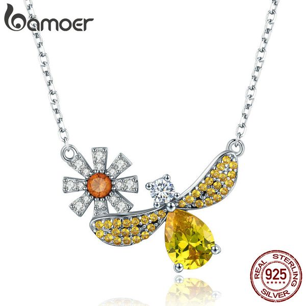 

bamoer trendy 100% 925 sterling silver fashion daisy with bee yellow cz pendant necklaces women sterling silver jewelry scn242