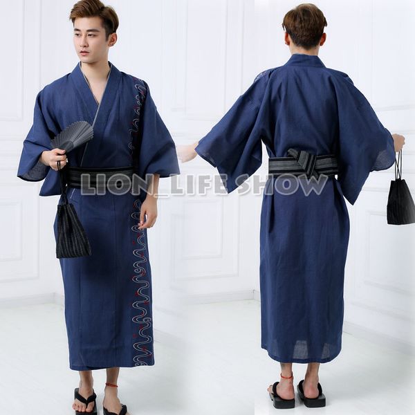 

japanese men samurai yukata kimono spring winter pajamas sleepwear bathrobe costume without obi, Red