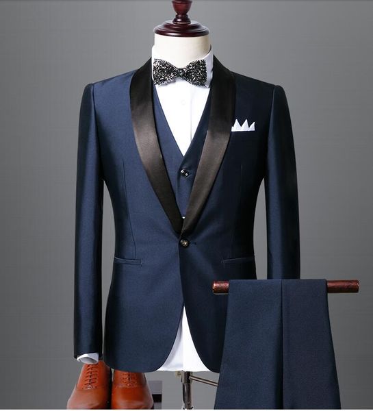 Smoking dello sposo blu navy e nero di alta qualità Groomsmen Best Man Abiti da sposa uomo Sposo (giacca + pantaloni + gilet + papillon) Abiti su misura