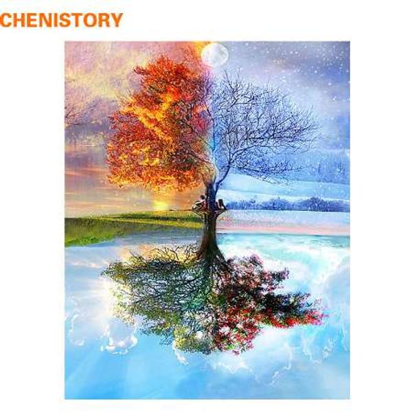 Chenistory Frameless Quatro Estações Árvore Paisagem DIY Pintura por Números Kit Pintura Na Lona Pintura Caligrafia para Decoração Home