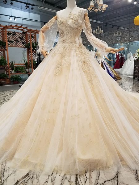 

элегантные шампанские свадебные платья с жемчугом и хрусталем o-образным вырезом с длинными рукавами из тюля свадебное платье с длинным шлей, White