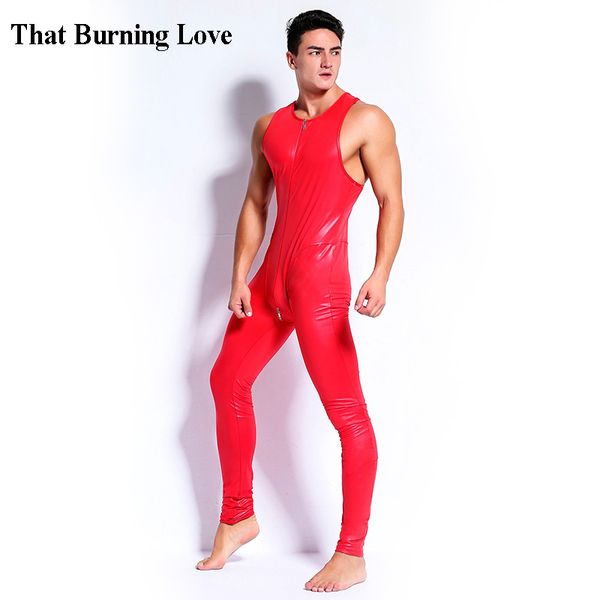 

sleeveless leather costumes wetlook stretch catsuit men bodysuit for black red zentai leotard erotic faux 2xl jumpsuit bar hlcbp