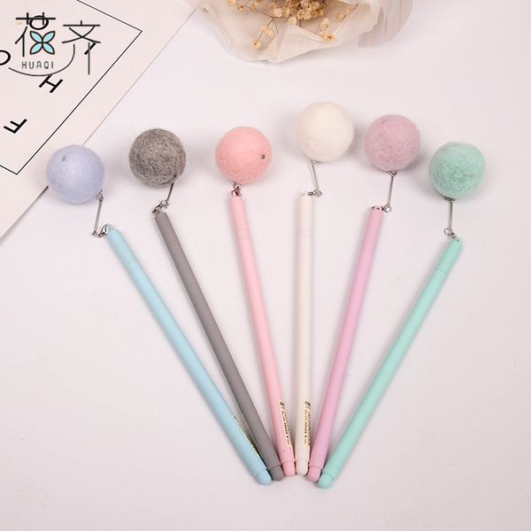 

huaqi 4 pcs kawaii plush ball pendant gel pen black 0.5mm stationery candy color gel pen for office and school supplies