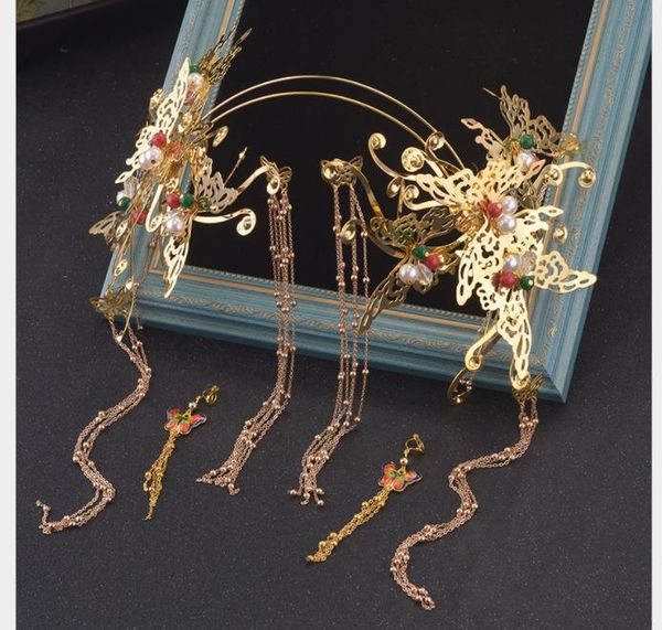 

китайские невесты, старинный костюм, головной убор, бахрома, ступени, виляние, украшения феникс, красный жемчуг, галстук-бабочка, свадебные, Slivery;golden