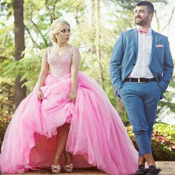 

Romantic Beads Pink Gown Quinceanera Dresses Pearls Straps 2018 Tulle Sleeveless Bodice Long Prom Dresses Formal Party Ball Gowns Custom .