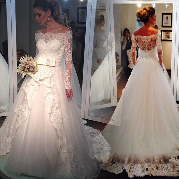 

off-the-shoulder long sleeve lace wedding dresses 2019 new sweep train beaded bow sash a-line vintage bridal gowns vestidos de novia w510, White