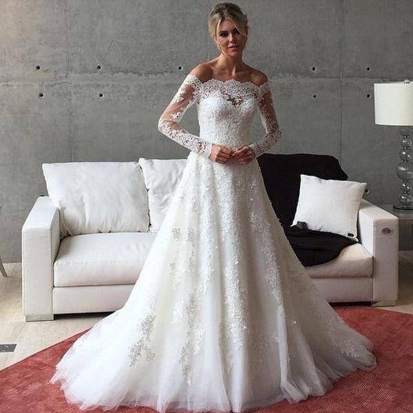 Vintage Victorian Wedding Dresses Long Sleeve A Line Boat Neck