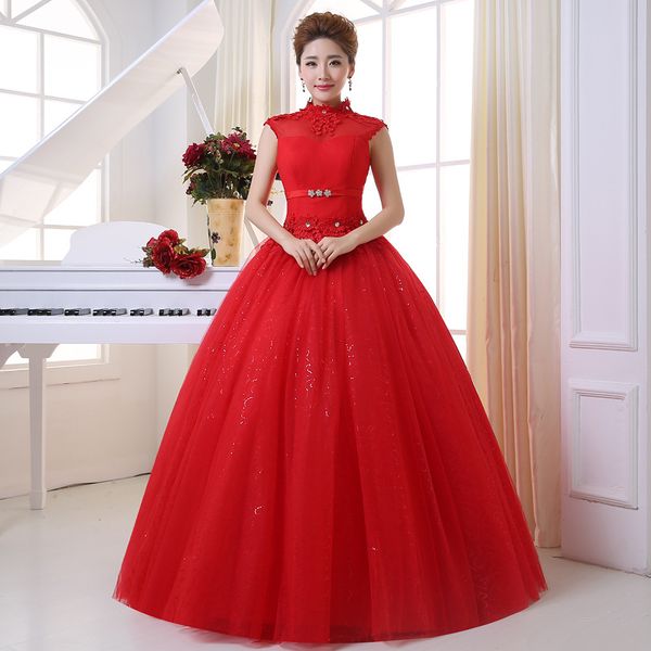 

velnosa real p vestido de noiva 2018 new summer style retro neck lace appliques bride gown red princess casamento, White