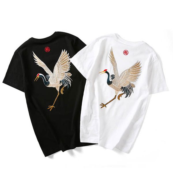 

Summer New Chinese Style High Street Tees Crane Embroidery Tshirts Mens Hip-Hop Tops Fashion Embroidery Crane Tshirts