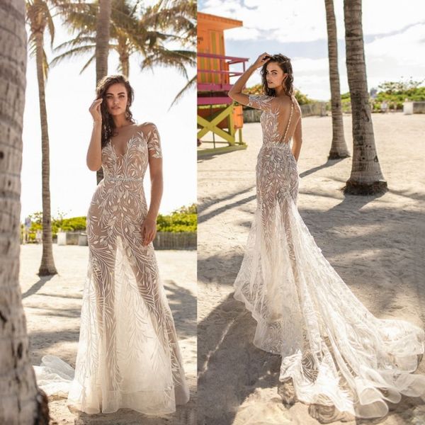 

berta mermaid 2019 wedding dresses see through lace appliqued short sleeves bridal gowns arabilc dubai vestidos de novia, White