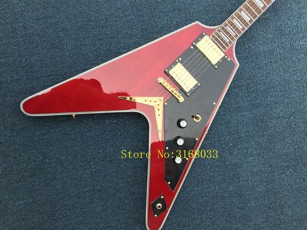 

Flying v electric guitar with claret red body and gold hardware black pickguard and can be changed