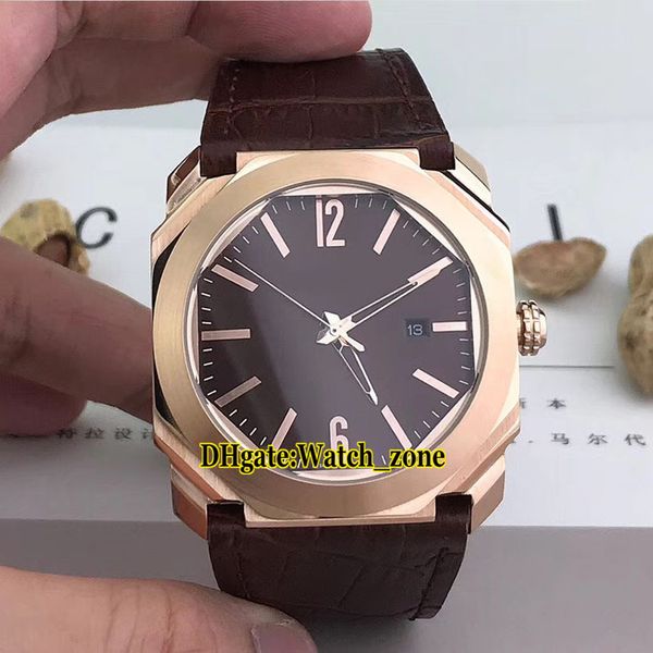 Octo Roma Finissimo 102702 Dial Brown Rose Gold Case Suíço Quartzo Mens relógio Data de couro Cinta de Alta Qualidade Gents Novos Relógios