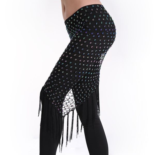 

5 colors belly dance clothes accessories stretchy crochet net shawl beads triangle belt belly dance hip scarf, Black;red