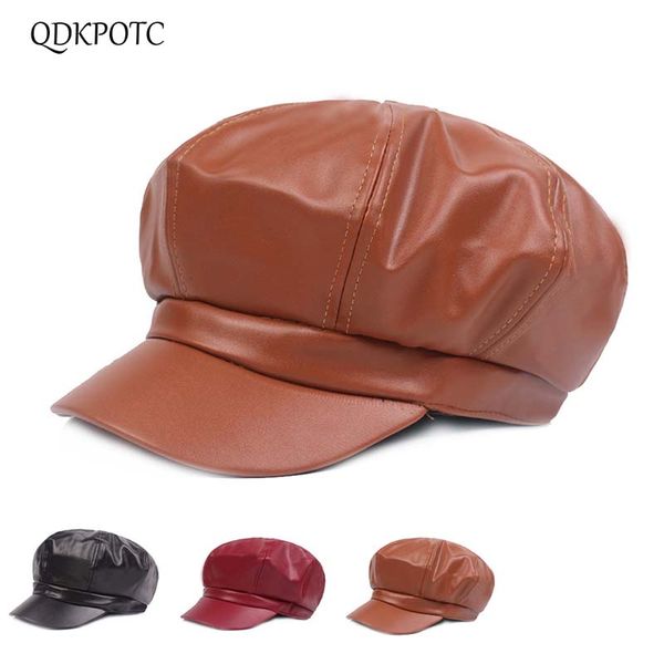 

qdkpotc 2018 pu leather berets octagonal cap for women winter keep warm female fashion autumn winter berets painter hat, Blue;gray