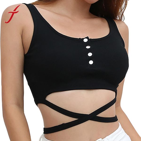 

feitong fashion bandage crop womens botton vest casual black tank sleeveless short tshirt femme, White