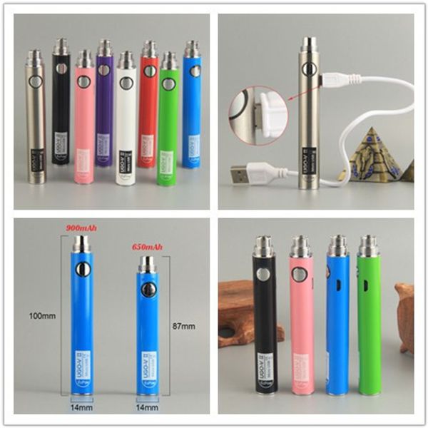 UGO Bateria eVod 650 900mAh Vape Baterias Mods eGo Micro Pass Through com Carregadores de Cabo USB para 510 Thread eCigs eGo Atomizer Authentic