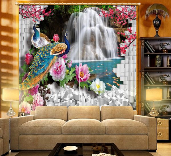 

3d curtains peacock waterfall landscape luxury curtain for living room