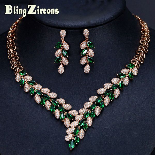 

blingzircons designer luxury dubai gold color green cubic zircon paved cz crystal wedding necklace earrings jewelry sets js128, Slivery;golden