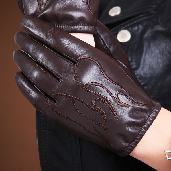 

sheepskin gloves male autumn winter thicken plush & nylon lined genuine leather full palm touchscreen embroidery gloves m050nc2, Blue;gray