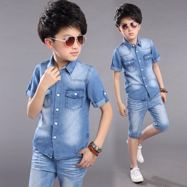 

boys clothes boys summer set 2pcs cowboy shirt +shorts teenager boys casual set short sleeve shirt short pants, White