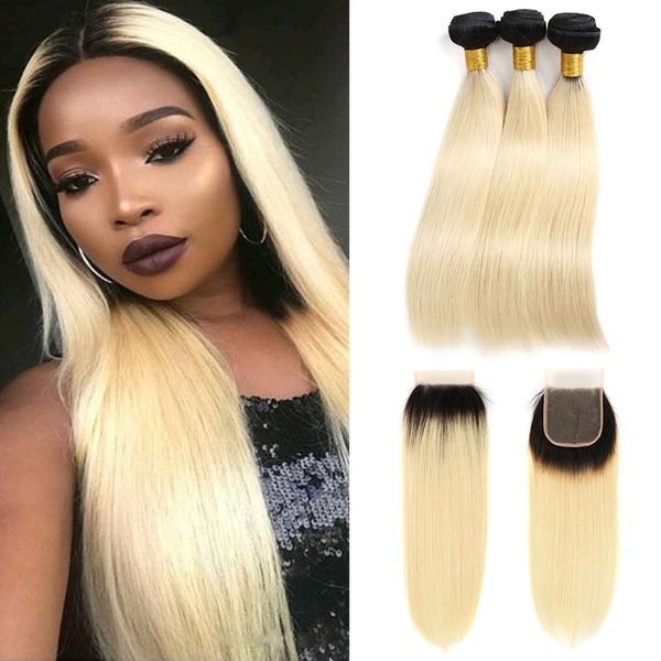 

9a brazilian virgin hair 1b/613 ombre blonde bundles with closure straight dark roots blonde hair weaves with 4*4 part lace closure, Black;brown