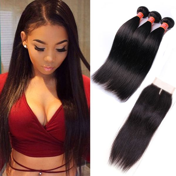 8a Brazilian Virgin Hair Straight 3 Bundles With Middle Part Lace
