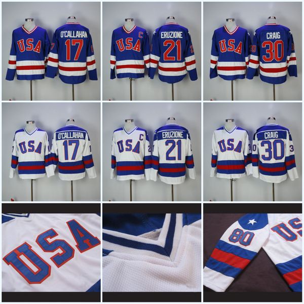 

Mens 1980 Olympic Team USA Hockey Jerseys 17 Jack O'Callahan 30 Jim Craig 21 Mike Eruzione USA Miracle On Alternate Year Hockey Jersey