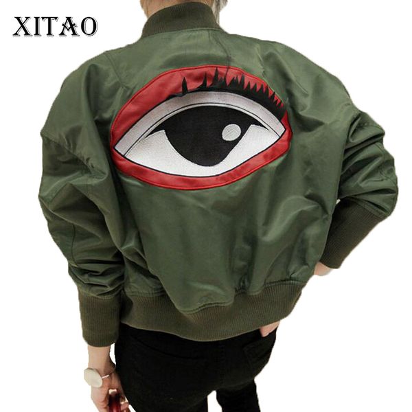 

xitao] 2018 new autumn korea fashion women loose personality eye pattern army green jacket female stand collar jacket sjhe004, Black;brown