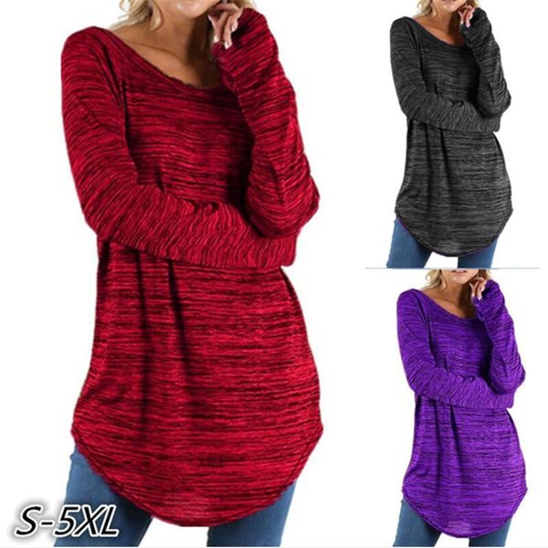 

plus size s-5xl women's solid color casual loose round neck long sleeve cotton t shirt fashion long front t-shirt clothing, White