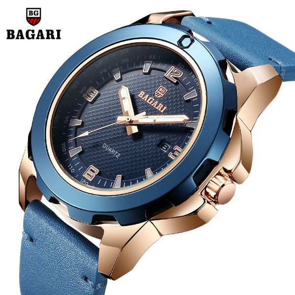 

men's blue wristwatches genuine leather quartz mens watches bagari brand sports clocks calendar luminous waterproof black brown, Slivery;brown