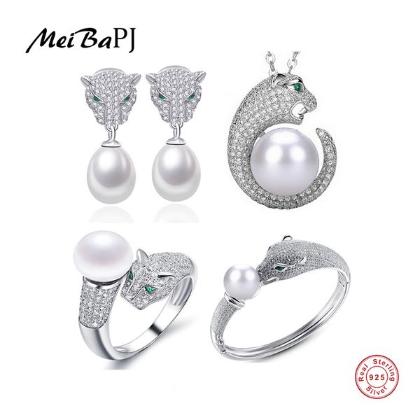 

meibapj 925 sterling silver 4 items pearl leopard necklace earrings bracelet ring natural pearl jewelry set for women tz-087y, Black