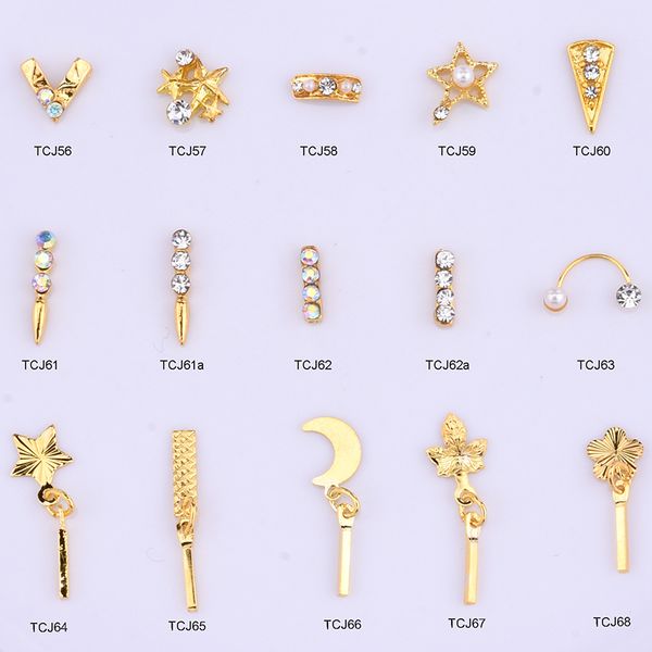 

10pcs star gold nails art dekor pendant chain moon metal nail studs japanese nail designs accessories in rhinestones tcj56~68, Silver;gold