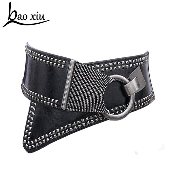 

new fashion metal retro rivets wide belts for women elastic wide punk style women leather belts metal round buckle accessories, Black;brown