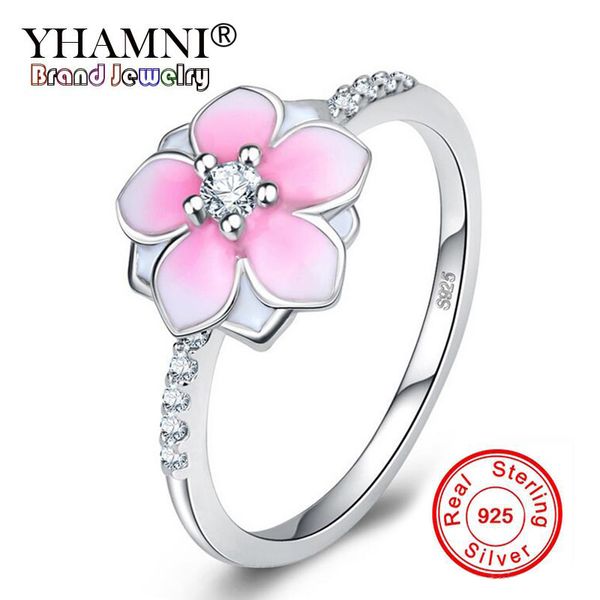 

yhamni new trendy style original 925 pure silver pink flower ring europe fashion peach blossom cz diamond jewelry rings for women rpt004, Slivery;golden