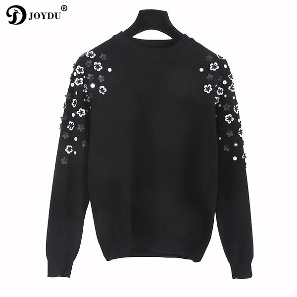 

joydu runway design sweater women 2017 korean fashion knit pullover flower beading office lady winter casual jumper pull femme, White;black