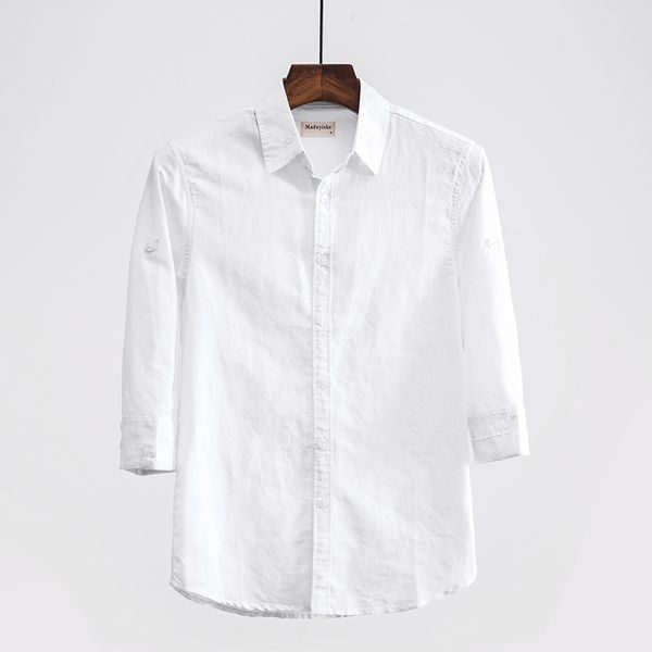 

2018 new suehaiwe's brand three-quarter sleeve linen shirts men solid summer men shirt turn-down collar casual shirt male camisa, White;black