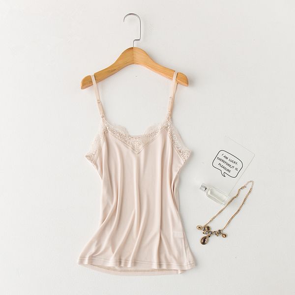 

summer 100% nature silk women short camisoles solid inside backless casual v-neck eyelash side real silk sling ladies bottoming, White