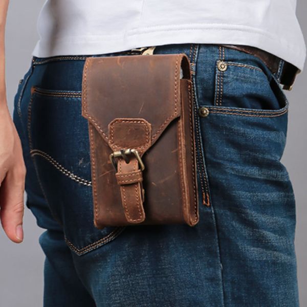

crazy horse genuine leather vintage waist packs men travel fanny pack belt loops hip bum bag waist bag mobile phone pouch