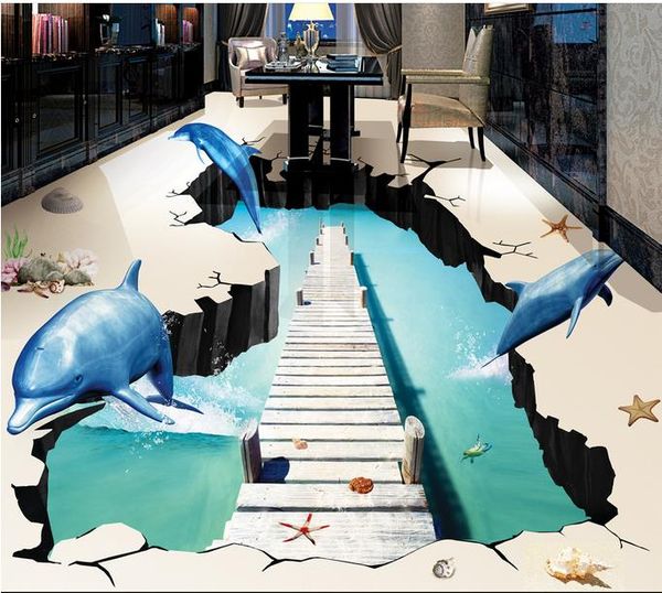 

wallpaper for bathrooms ground crack wooden bridge beach dolphin marine 3d floor tile floor painting