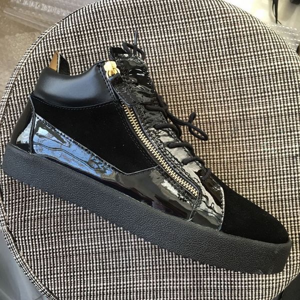 

New 2018 Mens Womens Black Patent Leather with Suede Patchwork Low Top Double Zip Sneakers,Brand Casual Shoes 35-47 Drop Shipping