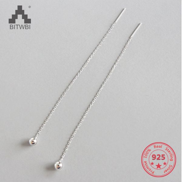 

925 silver chain with 4mm ball long earrings for women silver jewelry simple ear wire prevent allergy, Golden;silver