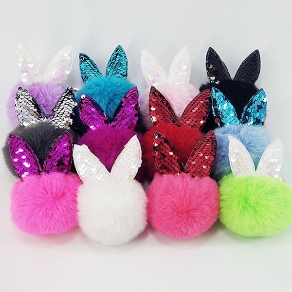 

2019 sequins pompon fluffy porte clef pompom women femme pom pom keychain ear fur ball key chain rings llavero bag, Silver