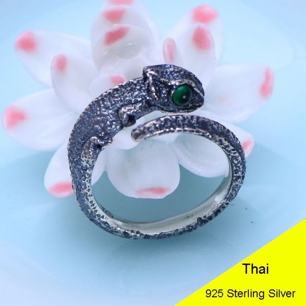 

3 colors 925 sterling silver retro open ring men thai silver fine jewelry gift man-made garnet lizard finger ring ch056032, Golden;silver