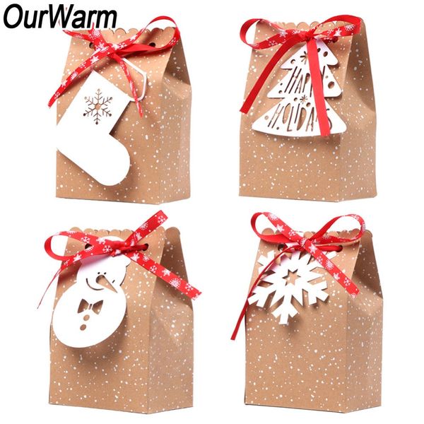 

ourwarm 4pcs kraft paper bags candy bar sweet candy cookie packaging box with white tag ribbon new year 2019 christmas gift