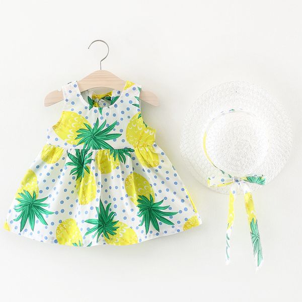 

девушки без рукавов фрукты повседневные платья с соломенными шляпами лодка шеи 2018 летние милые девушки платья ананас печатных платье дети, Red;yellow