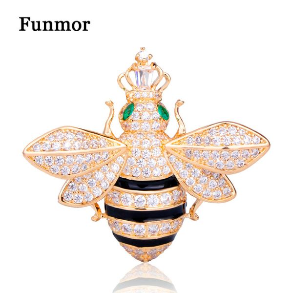 

funmor sparkling cz zircon bee brooch gold color copper crown green eyes insect animal corsage women men weeding pins jewelry, Gray