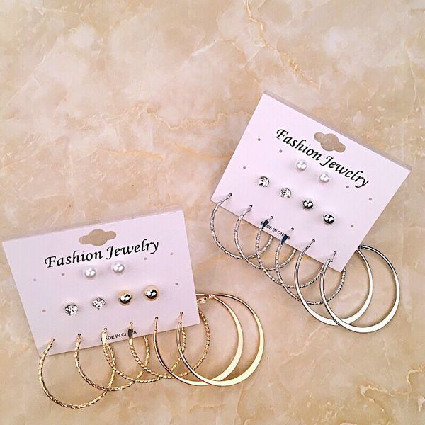 

6 pairs assorted multiple studs earring set for women gifts hoop earrings pearl crystal dangle ear jewelry support fba drop shipping h307r, Golden;silver
