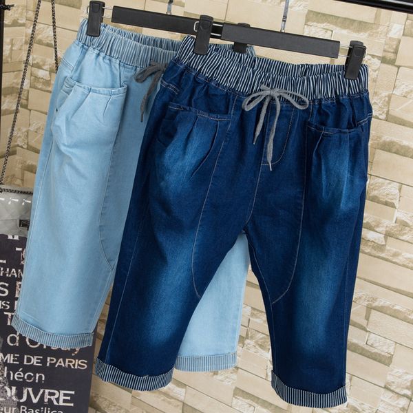 

women summer high waist denim pants jeans classic vintage loose boyfriend calf length harem pants plus size, Blue