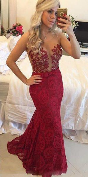 

prom dresses mermaid burgundy sheer neck lace applique black girl dresses party wear long evening gowns
