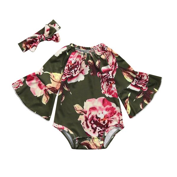 

2pcs baby girls infant floral toddler bodysuit jumpsuit romper headband set kids baby clothes vetement enfant fille 20, White